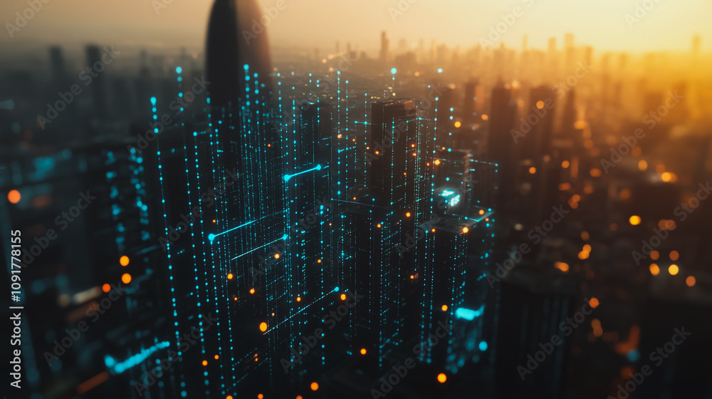 Obraz premium Smart digital Innovation Business skyscrapers in the Financial District with connection network reciprocity over the cityscape. of future smart wireless digital city and social media networking