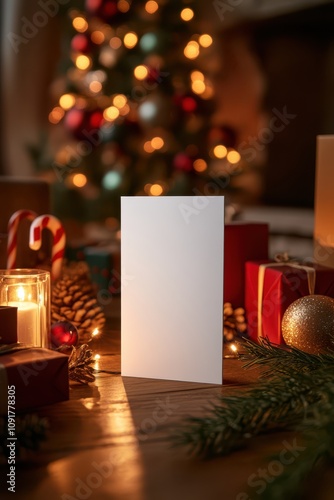 a blank card is sitting on a table near a christmas tree photo