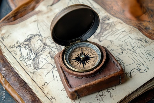 An old pocket compass with a leather case, placed on an explorera??s journal filled with sketches and notes. photo