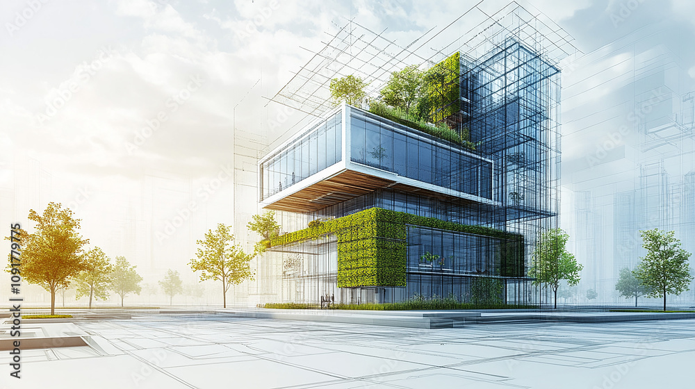 Obraz premium Sustainable green building modern city practices in architectural blueprints eco friendly construction planning digital concept illustration.