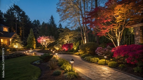 Groundmounted uplights highlight vibrant shrubs and trees. photo