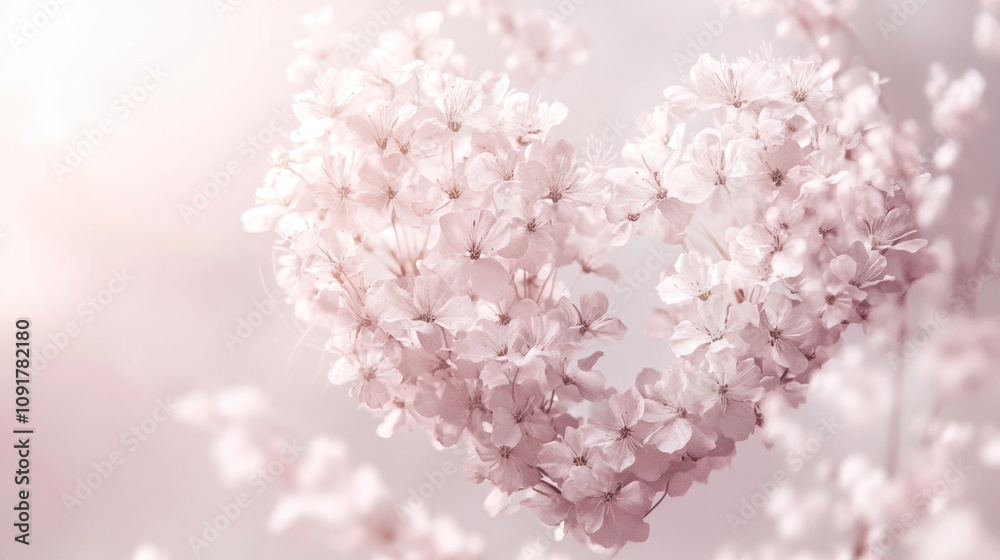 Obraz premium A delicate heart-shaped arrangement of pale pink and white wildflowers, featuring soft petals and intricate textures, set against a pristine white background for a dreamy, romantic atmosphere.