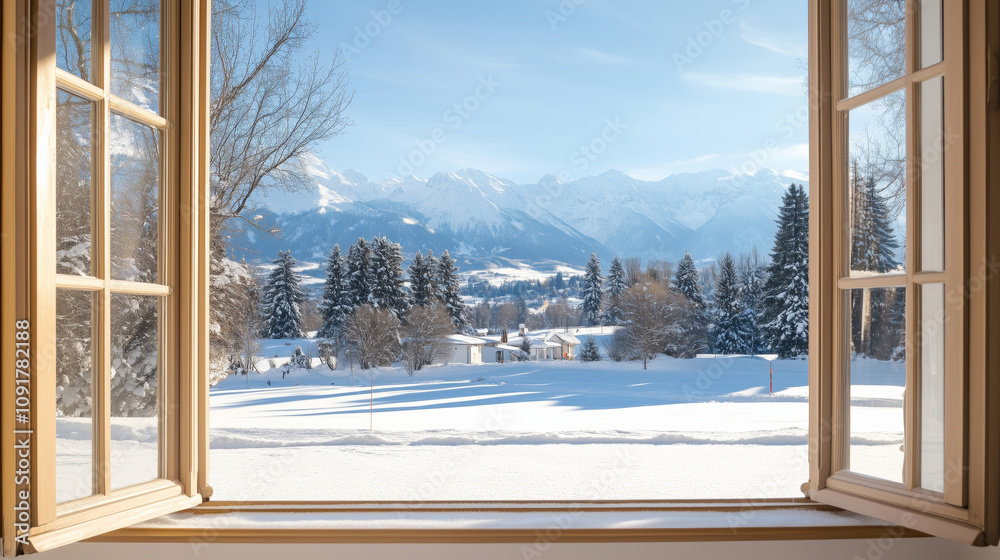 Fototapeta premium Open wooden window with a view of a snowy winter landscape, trees, and mountains. Scenic countryside setting for travel articles, seasonal advertising, and holiday design projects.