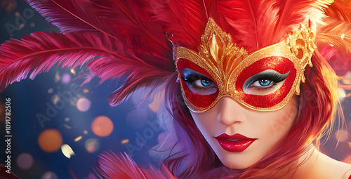 Vibrant woman in red and gold Mardi Gras mask with feathers