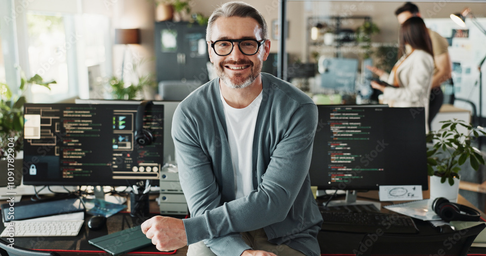 Fototapeta premium Happy man, coder and glasses in office for portrait, website development and software engineering on screen. Mature programmer, smile and computer in agency for cybersecurity, programming and coding