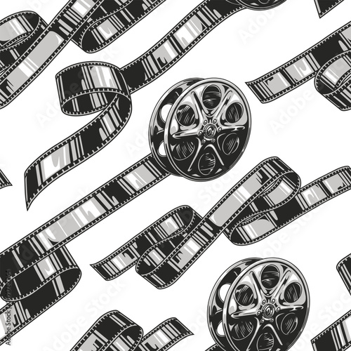 Seamless pattern of vintage film reels and strips