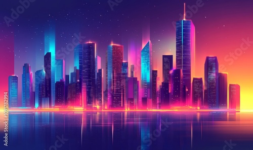 Retro-futuristic city skyline with glowing skyscrapers