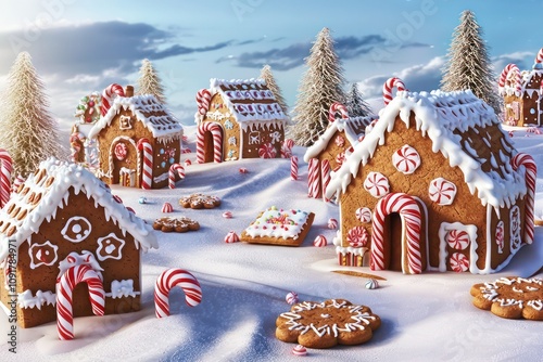 3D festive banner highlighting a Gingerbread Wonderland theme with beautifully decorated gingerbread houses, sweet cookies, and candy canes in a whimsical winter scene