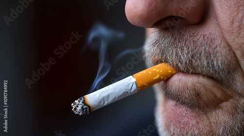 Close-up of an elderly man's mouth holding a lit cigarette, exhaling smoke in a contemplative moment.