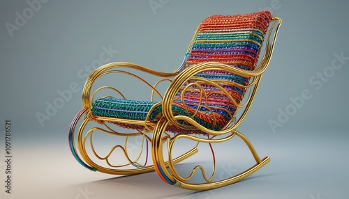 A lively rocking chair created from coiled wires wrapped in glittering ribbons, Generative AI photo