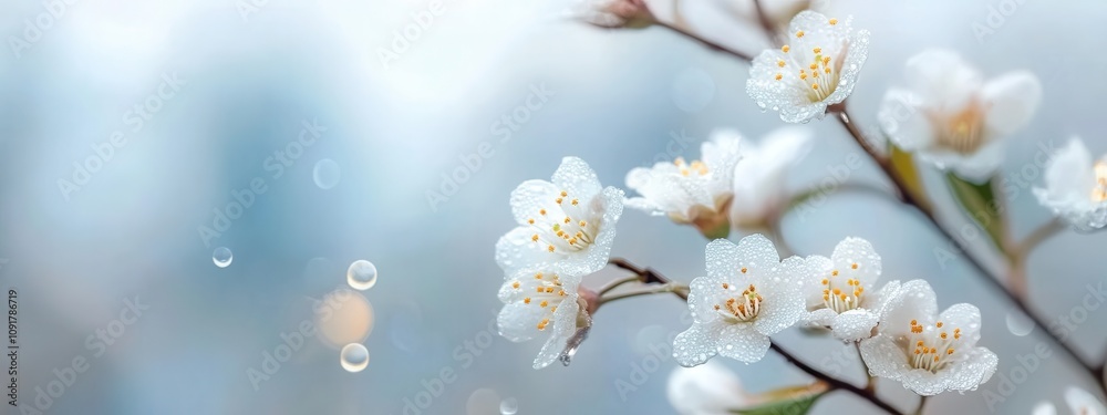 Delicate white blossoms adorned with raindrops bloom against a blurred cityscape in springtime serenity mockup, mock up, template, empty, for text, place, copyspace, copy space Delicate white blossoms adorned with raindrops bloom against a blurred cityscape in springtime serenity mockup, mock up, template, empty, for text, place, copyspace, copy space