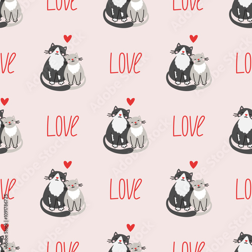 Cute seamless pattern with couple of cats and love. Vector pastel background. Valentine's day and love