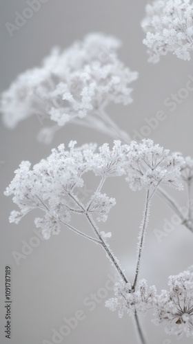 Frozen beauty of Queen Anne\'s lace adorned with ice crystals in a serene winter landscape photo