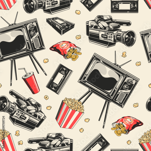 Retro cinema pattern featuring popcorn and cameras