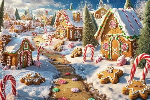 3D festive banner highlighting a Gingerbread Wonderland theme with beautifully decorated gingerbread houses, sweet cookies, and candy canes in a whimsical winter scene