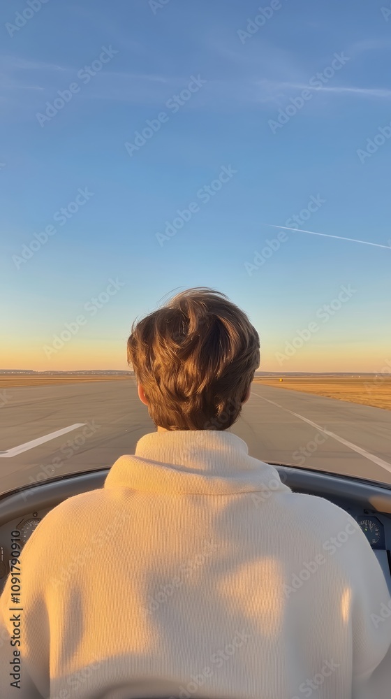 Fototapeta premium A young pilot looks out over the runway, bathed in the golden light of a sunset, embodying adventure and dreams