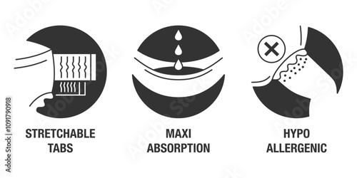 Diapers icons - stretchable, absorption, allergy. Monochrome circles