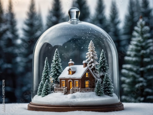 An elegant glass cloche covering a miniature Christmas terrarium with festive figurines photo