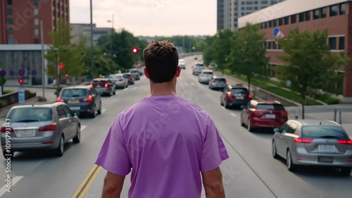 Urban healthcare worker commutes amid city traffic with determination