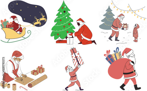 santa claus with christmas gifts illustration vector set