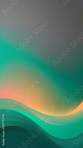 Emerald Green, Peach, Mustard Yellow, Warm Gray vertical Geometric Abstract Design with Neon Glow, Grainy Texture, and Smooth Color Transitions