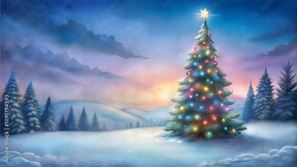 Majestic christmas tree in snowy landscape with colorful lights at dusk Majestic christmas tree in snowy landscape with colorful lights at dusk