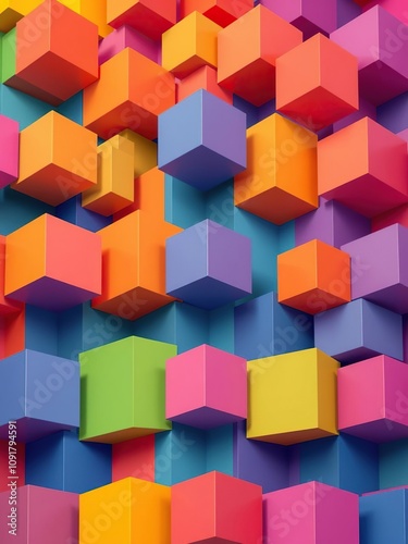 Geometric cubes in a variety of vibrant colors forming an abstract background, shapes, cubes, concept