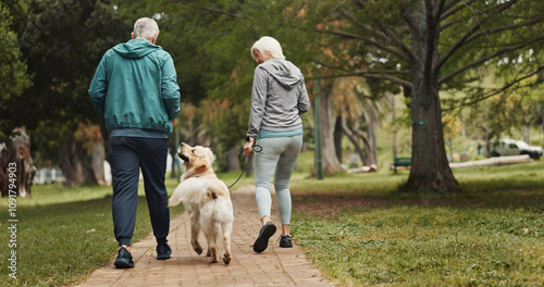 Принти на полотні Back, old couple and walking dog in park together for outdoor fitness, health or wellness