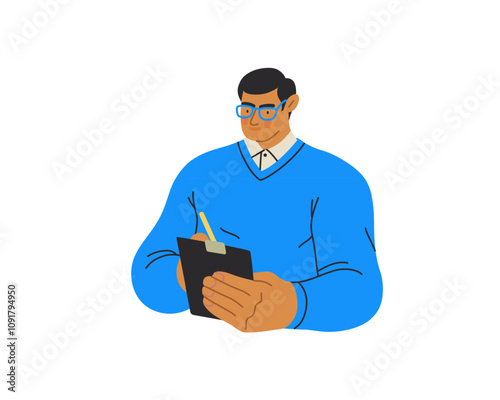 Writing people, modern flat vector concept illustration- standing man thoughtfully writing on clipboard. Metaphor for reflection, personal insight, contemplation, creative expression