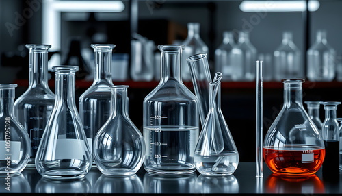 Laboratory glassware instruments empty equipment for chemical lab isolated with white highlights, png photo