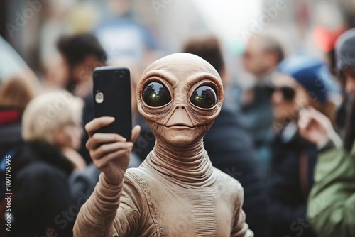 Alien in a humanoid disguise takes a selfie in a busy street, blending sci fi with humor. The blurred crowd adds to the futuristic scene photo