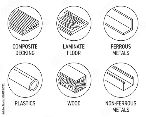 Icons of materials for labeling of circular saw or other cutting tools, thin line