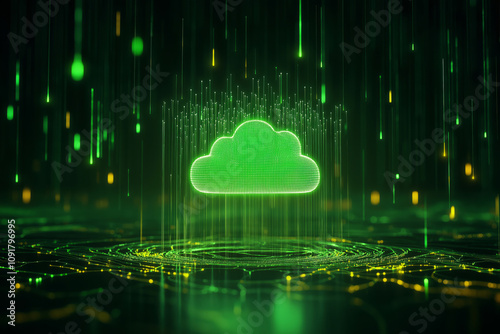 Glowing green cloud icon surrounded by digital data streams on a futuristic dark background. Abstract technology visualization for cloud computing and data storage concepts