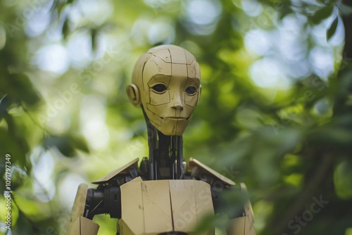 Humanoid robot with segmented head and body standing in a lush green forest, exploring nature and showcasing artificial intelligence in natural environment photo