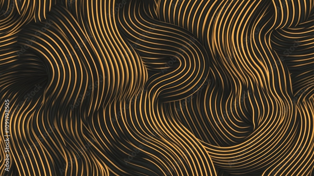 Fototapeta premium Abstract wavy background with golden lines on a black background.