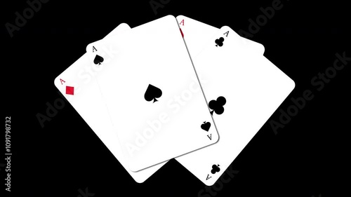 Playing cards falling aces and unfold animation with clear transparent alpha channel background