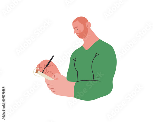 Writing people, modern flat vector concept illustration- standing man thoughtfully writing on notebook. Metaphor for reflection, personal insight, contemplation, creative expression