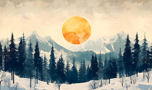 Winter landscape with a round sun. Illustrations for Winter Solstice. Red sun against mountain's snowy peaks. 