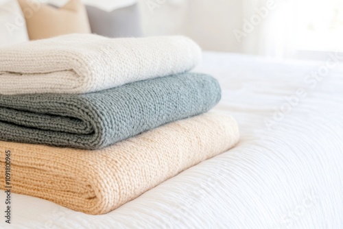 Modern bedroom with neatly folded wool blankets in soothing tones at foot of a well-made bed