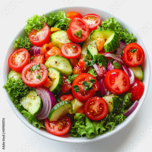 Fresh and Colorful Garden Salad with Crisp Vegetables Including Tomatoes, Cucumbers, Lettuce, and Onions, Perfect for Healthy Meals and Refreshing Dishes