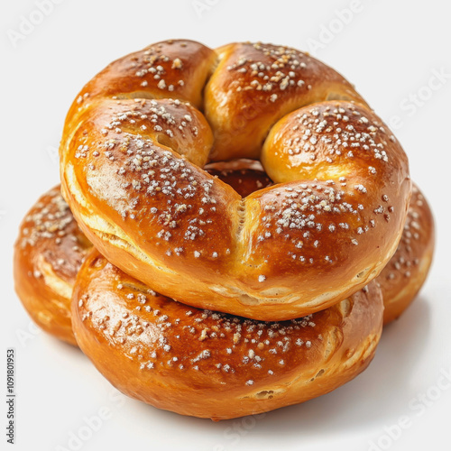 Freshly Baked Soft Prezel Buns Stacked on White Background with Sparkling Salt on Top, Perfect for Snacks, Breakfast, or Gourmet Recipes photo