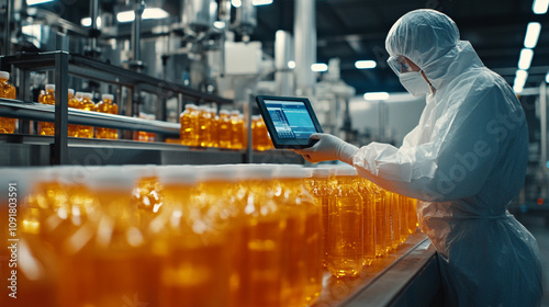 Factory Worker Inspecting Bottled Beverage Production Line on Tablet