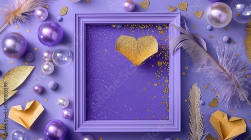 Gradient from lavender to purple, purple pearls, lavender glitter, bubbles, a purple frame, gold paper hearts, and gold feathers