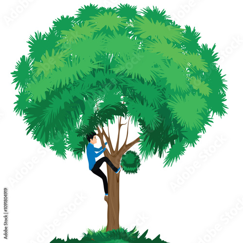 young boy trying to climb a tree