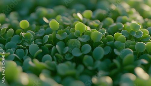 Lush green microgreens sprout, vibrant and healthy, bathed in soft sunlight. Perfect for themes of growth, nature, and healthy eating. photo