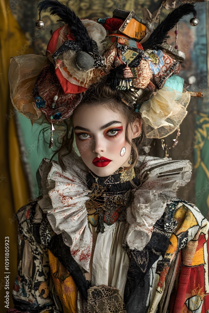 A model in an extravagant circus-inspired outfit A model in an extravagant circus-inspired outfit