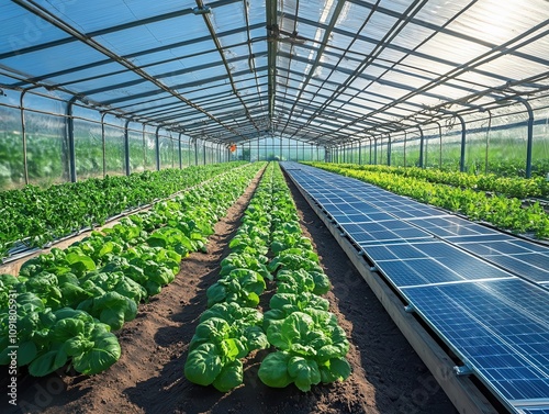 A solarpowered greenhouse growing fresh vegetables, Greenhouse Power, Controlled and modern