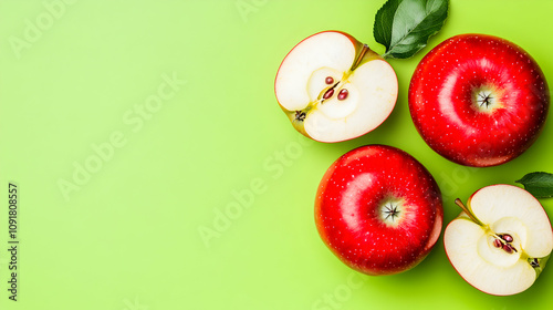 Fresh, ripe red apples on a vibrant green background; perfect for healthy eating, food blogs, or apple-themed projects.