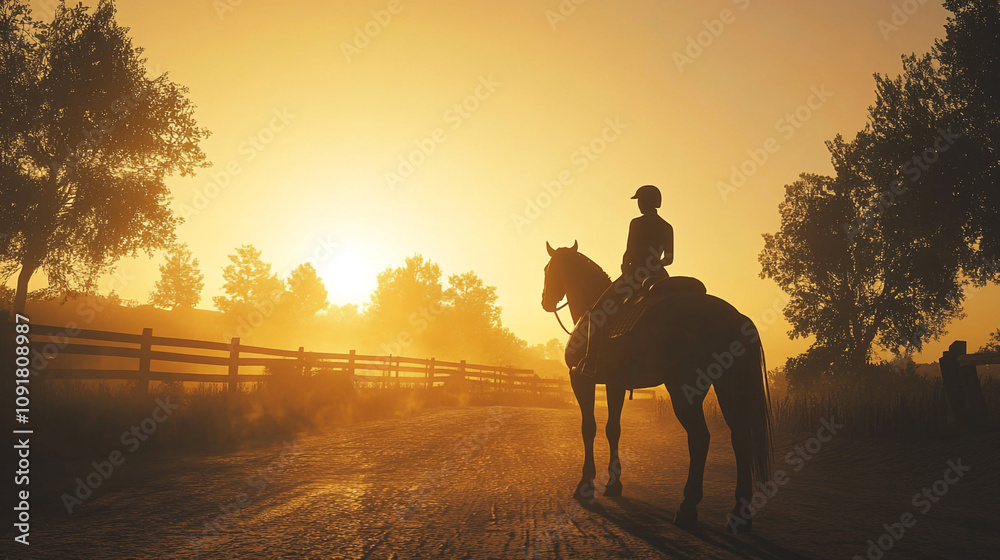 Obraz premium Golden Hour Equestrian Silhouette Rural Road Horseback Riding Sunset