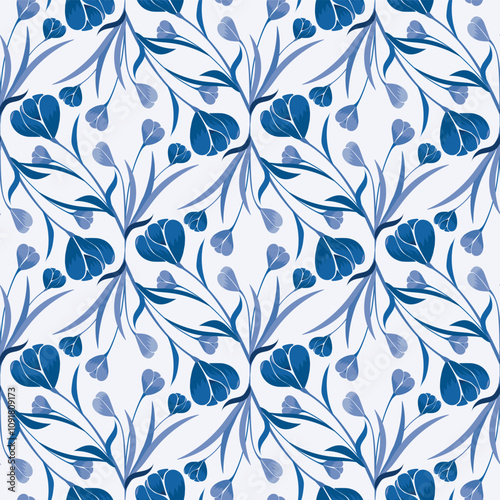 Monochromatic Indigo Blue Abstract Tulips in an Ogee Shape design creating a seamless pattern print background